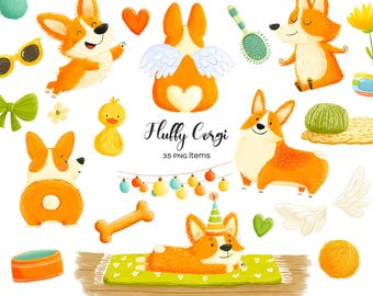 Watercolor cute corgi clipart. Fluffy corgi PNG. Watercolor cartoon corgi set. (Digital Download)