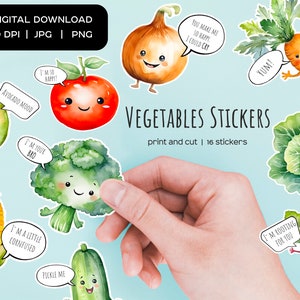 Pode incluir: Um conjunto de 16 adesivos imprimíveis com desenhos animados de vegetais fofinhos com frases engraçadas. Os adesivos incluem um abacate, um tomate, uma cebola, brócolis, milho, um pepino, uma cenoura, um repolho e uma beterraba. O texto nos adesivos inclui frases como "Avocado Mood", "Estou tão feliz", "Sou seu irmão", "Delicioso!" e "Sou vegano".