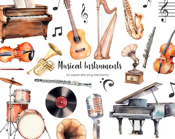 May include: A watercolor illustration of various musical instruments, including a grand piano, a violin, a trumpet, a clarinet, a guitar, a harp, a saxophone, a cello, a microphone, a gramophone, and a drum set. The illustration is titled "Musical Instruments" with the text "30 separate png elements".