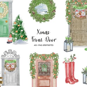 Watercolor Christmas door clipart. My Xmas front door illustration for personalised family print. Holiday Irish front door. Cottage door PNG