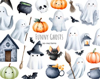 Watercolor Ghost Clipart Set: Halloween Decor PNG (Digital Download)