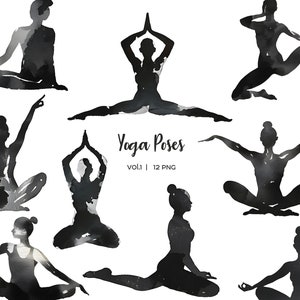 El yoga de la acuarela plantea imágenes prediseñadas. Silueta de yoga femenina negra 12 PNG. Imágenes prediseñadas de pose de yoga femenina. Imágenes prediseñadas de meditación. Postura de yoga negra