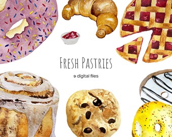 Watercolor Pastry Clipart: Baking Illustrations (PNG Digital Download)