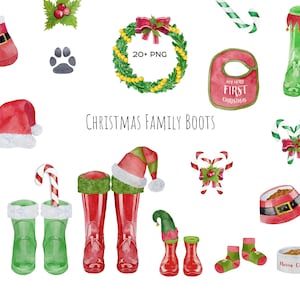 Acuarela botas de agua de la familia de Navidad cliparts para impresión familiar personalizada. Impresión de la familia de Navidad. Botas wellington familiares rojas y verdes