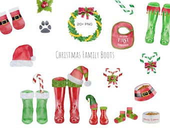 Watercolor Christmas Family Boots Clipart: DIY Personalized Print (PNG)