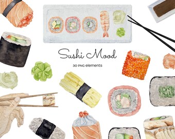 Watercolor Sushi Clipart: Japanese Food Illustrations (30 PNG)