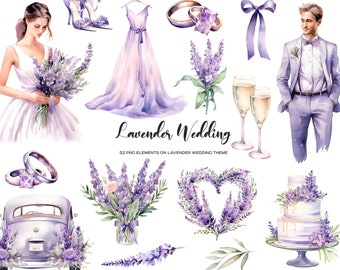 Watercolor Lavender Wedding Clipart: Bride, Groom, Decor (PNG) (Digital Download)