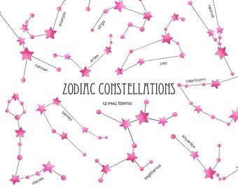 Watercolor Pink star Zodiac constellation clipart Its a girl Horoscope 12 Zodiac signs for baby girl (Digital Download)