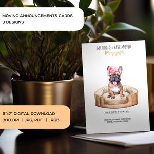 Faire-part émouvant avec modèle de cartes postales de bouledogue français. Carte postale bulldog 5 x 7 po. Carte de déménagement pour amoureux des chiens. Changement d'adresse.