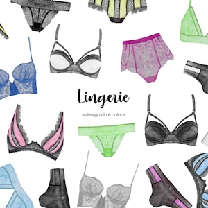 Watercolor lingerie clipart. Black and white underwear clipart. Colorful woman lace lingerie. Bachelorette clipart. Bra & panties clipart