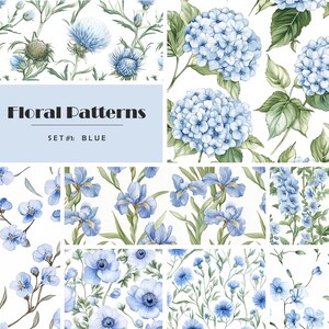 May include: A set of 10 digital floral patterns featuring blue flowers and foliage. The patterns include hydrangeas, irises, anemones, and cornflowers. The patterns are perfect for creating digital prints, fabric designs, and wallpaper.