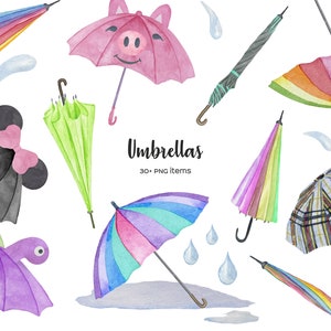 Watercolor umbrella clipart. Colorful umbrella PNG. Kids cute umbrella. Folded umbrella clip art. Watercolor open umbrella. Striped umbrella