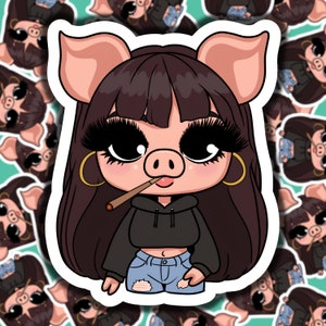 May include: A cartoon sticker of a pig with long black hair, wearing a black hoodie and blue jeans. The pig has large eyes with long eyelashes and is holding a cigarette in its mouth.