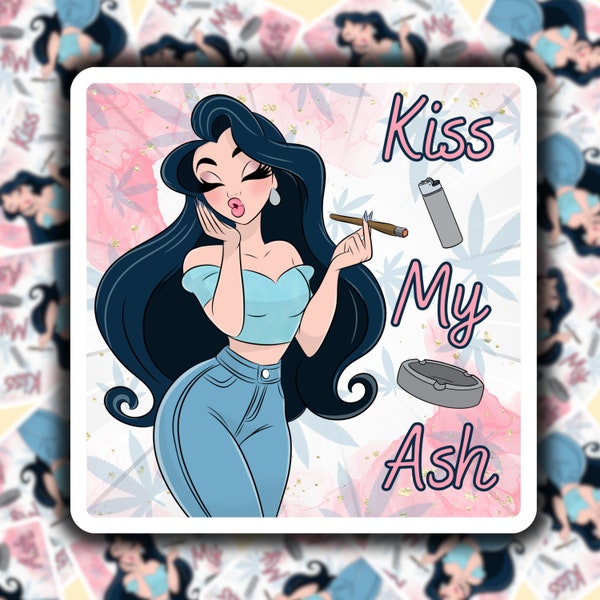 Cute "Kiss My Ash" Sticker - stoner girl stickers, ouid, 420, bud babe, weed stickers, cannabis, weed gift, girly, high life, ouid, bong.