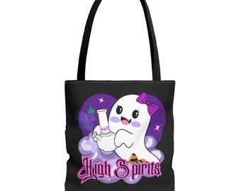 High Spirits Ghost Tote Bag – Retro Pin-Up Stoner Art, Cannabis Lover Gift
