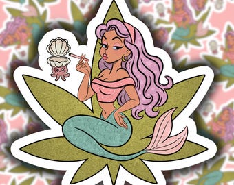 Sea-Weed Siren Sticker. Pastel Mermaid Weed Sticker, Cute Stoner Girl Pinup, Vinyl Sticker, girly, 420, weed gift, high life, ouid