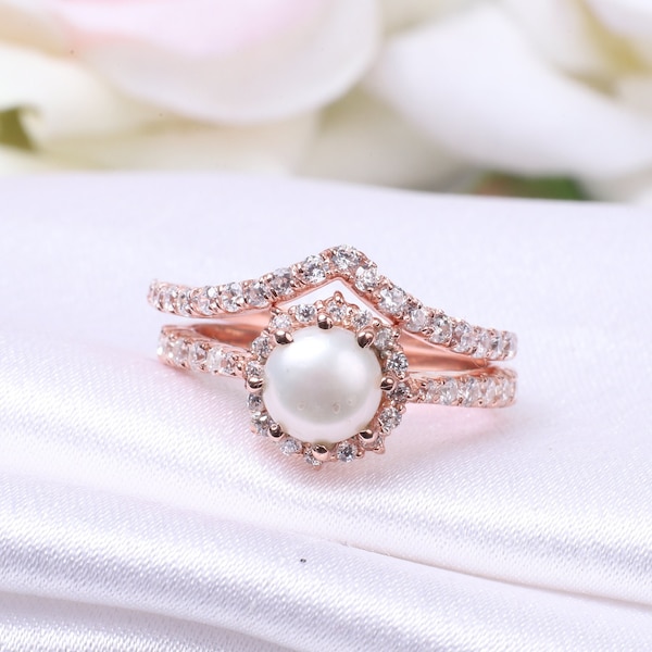 Freshwater Pearl Engagement Ring Set 14k Rose Gold Diamond Matching Band Bridesmaid Gift Dainty Pearl Jewelry Set Curved Eternity Women Band