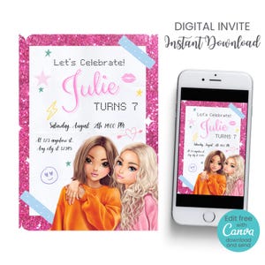 Bewerkbare Bewegende TOPmodel uitnodiging Girl birthday Party Glitter verjaardagsuitnodiging sjabloon
