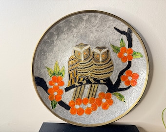 Brass and Enamel Owl Design Plate. Wall Hanging. Vintage Retro. Floral. Unique. Quirky.