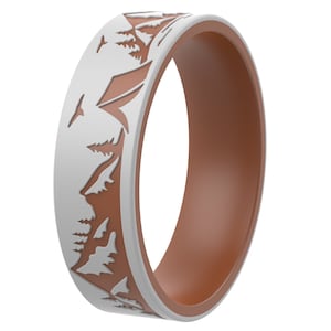 ThunderFit Silicone Wedding Rings for Men and Women, Laser Printed Design - 6mm Width 2mm Thick (Mountains)