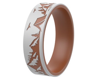 ThunderFit Silicone Wedding Rings for Men and Women, Laser Printed Design - 6mm Width 2mm Thick (Mountains)