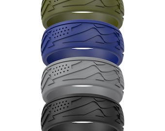ThunderFit Silicone Wedding Rings for Men, Rubber Engagement Bands 9mm Wide 2mm Thick, 4-Pack (Flags & Waves)
