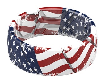 ThunderFit Silicone Wedding Rings Men, 2 Layer Top Printed Design - 8mm Width 2mm Thick (US Flag 2)