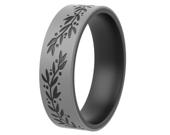 ThunderFit Silicone Wedding Rings for Men and Women, Laser Printed Design - 6mm Width 2mm Thick (Flower Designs)