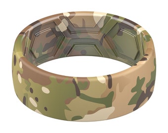 ThunderFit Silicone Wedding Rings Men, 2 Layer Top Printed Design - 8mm Width 2mm Thick (Green Camo)