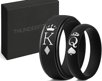 ThunderFit Silicone Rings for Him and Her, Wedding Bands for Couples with King/Queen Engraving, 2-Pack Engagement Bands with Gift Box