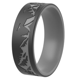 ThunderFit Silicone Wedding Rings for Men and Women, Laser Printed Design - 9mm Width 2mm Thick (Mountains)