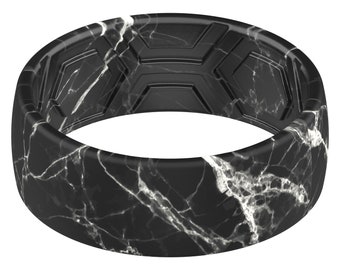 ThunderFit Silicone Wedding Rings Men, 2 Layer Top Printed Design - 8mm Width 2mm Thick (Black Marble)