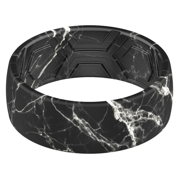 ThunderFit Silicone Wedding Rings Men, 2 Layer Top Printed Design - 8mm Width 2mm Thick (Black Marble)