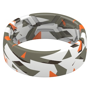 ThunderFit Silicone Wedding Rings Men, 2 Layer Top Printed Design - 8mm Width 2mm Thick (Sporty Orange Camo Triangles)