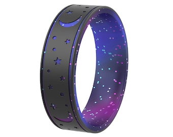ThunderFit Silicone Wedding Rings for Men and Women, Laser Printed Design - 6mm Width 2mm Thick (Moon and Stars)