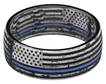 ThunderFit Silicone Wedding Rings Men, 2 Layer Top Printed Design - 8mm Width 2mm Thick (US Flag Blue Line Grunge)