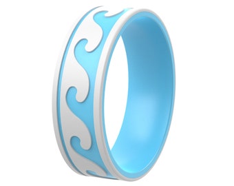ThunderFit Silicone Wedding Rings for Men and Women, Laser Printed Design - 9mm Width 2mm Thick (Waves)