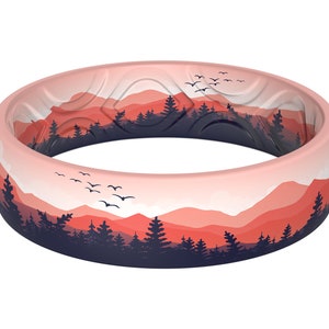 ThunderFit Silicone Wedding Bands for Women, Breathable Printed Design - 5.5mm Width 1.8mm Thick (Mountains Landscape)