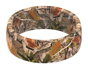 ThunderFit Silicone Wedding Rings Men, 2 Layer Top Printed Design - 8mm Width 2mm Thick (Forest Camo)