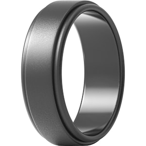May include: A black ring with a matte finish. The ring has a grooved design around the center band. The ring is a solid, dark gray color.