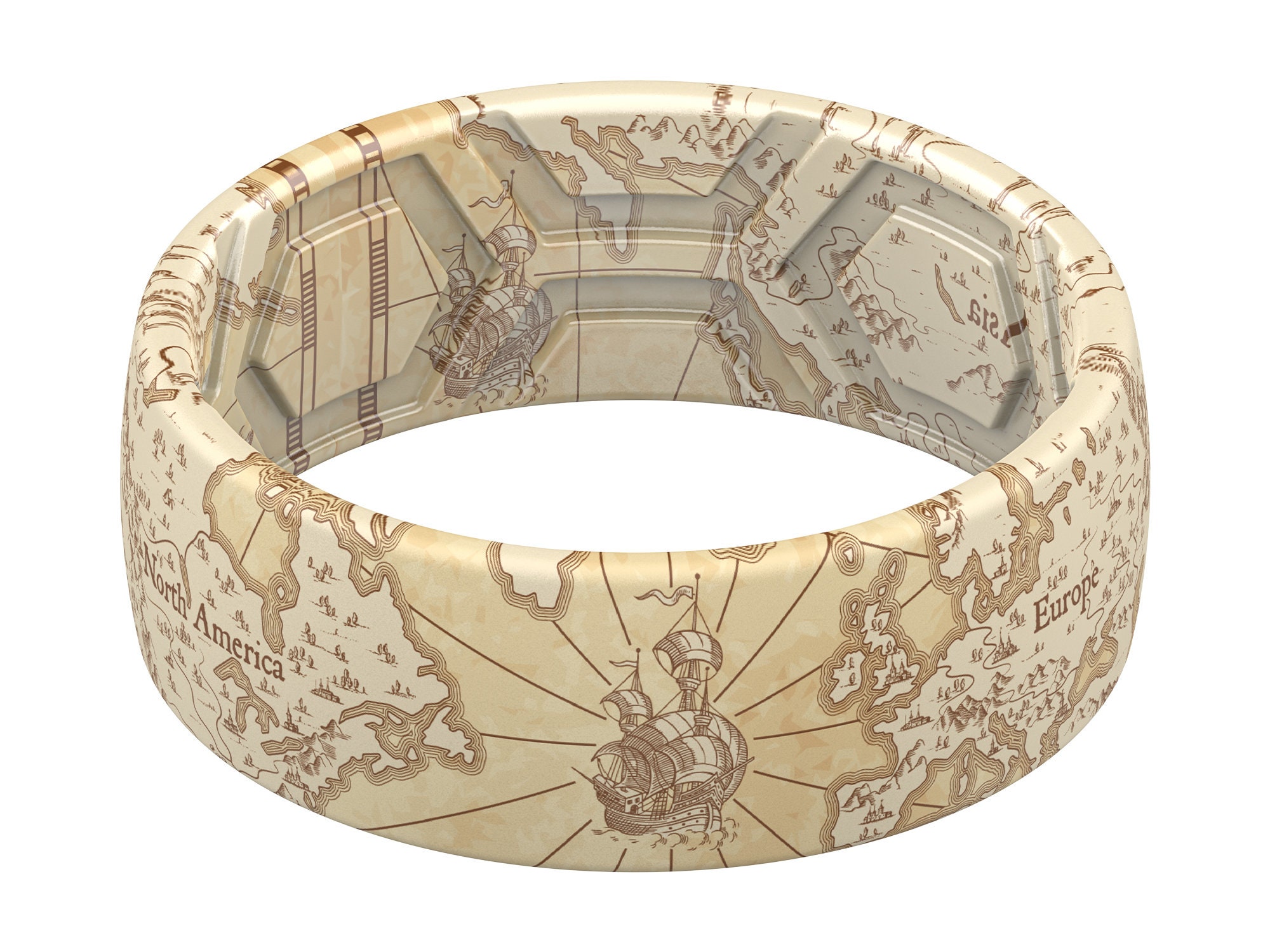 ThunderFit Silicone Wedding Rings Men, 2 Layer Top Printed Design - 8mm Width 2mm Thick (World Map)
