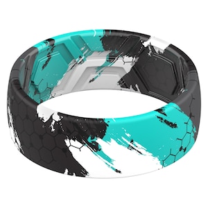 ThunderFit Silicone Wedding Rings Men, 2 Layer Top Printed Design - 8mm Width 2mm Thick (Teal Brush Strokes Camo)