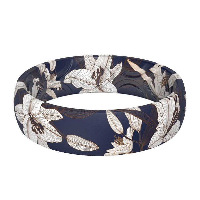 ThunderFit Silicone Wedding Bands for Women, Breathable Printed Design 5.5mm Width 1.8mm Thick Lily Flowers image 1