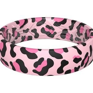 ThunderFit Silicone Wedding Bands for Women, Breathable Printed Design - 5.5mm Width 1.8mm Thick (Pink Leopard)