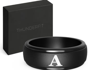ThunderFit Black Silicone Initial Ring for Him, Personalized One Letter Wedding Rubber Band for Men with Gift Box (Letter A to O)