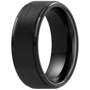 May include: A black ring with a brushed metal finish on the outer band. The ring has a polished, glossy inner surface and a rounded profile. The ring is a solid, dark color.