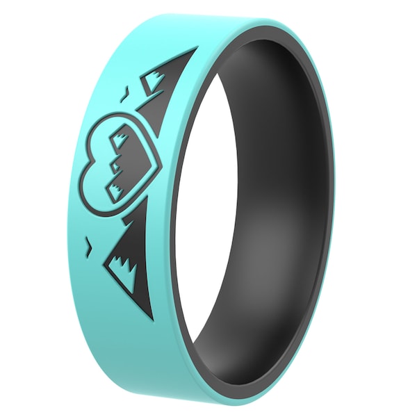 ThunderFit Silicone Wedding Rings for Men and Women, Laser Printed Design - 6mm Width 2mm Thick (Heart and Mountains)