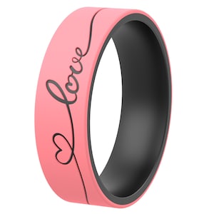 ThunderFit Silicone Wedding Rings for Men and Women, Laser Printed Design - 6mm Width 2mm Thick (Love With Hearts)