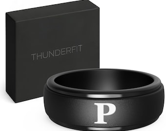 ThunderFit Black Silicone Initial Ring for Him, Personalized One Letter Wedding Rubber Band for Men with Gift Box (Letter P to Z)