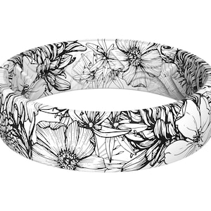 ThunderFit Silicone Wedding Bands for Women, Breathable Printed Design - 5.5mm Width 1.8mm Thick (Black & White Flowers)